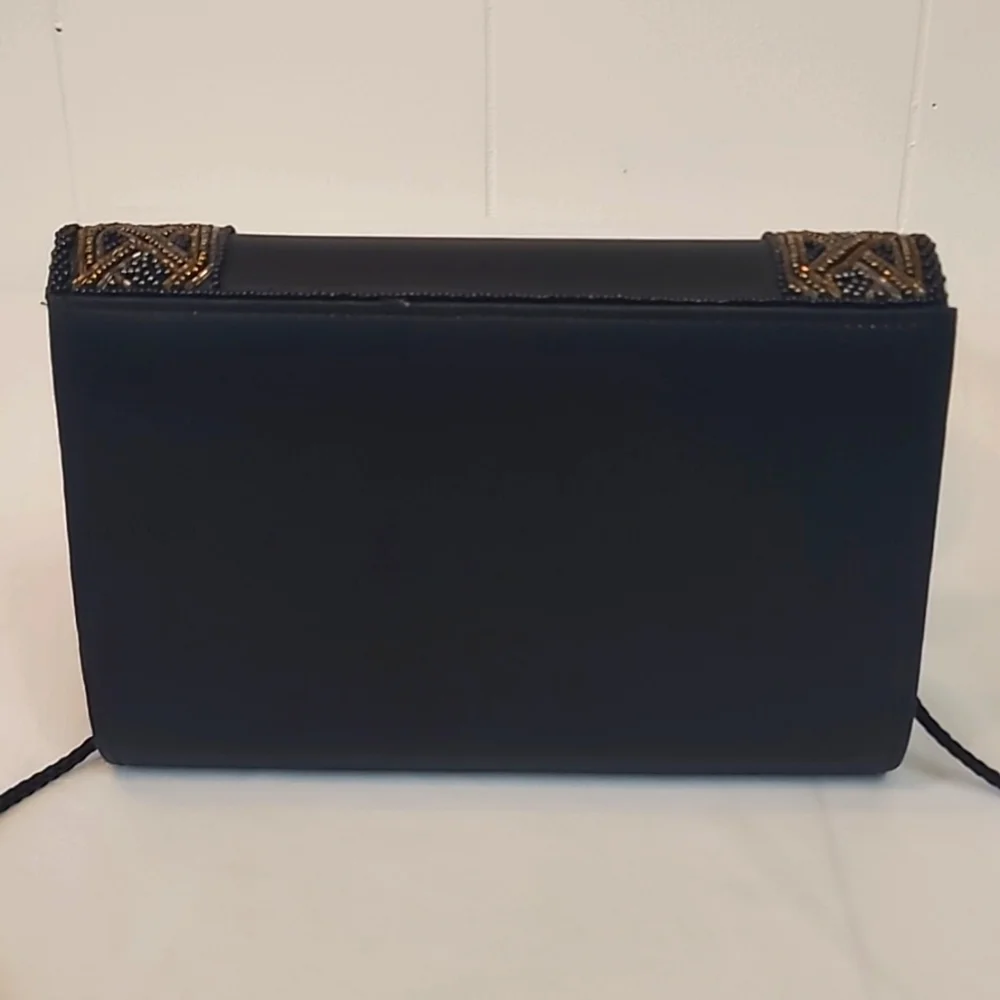 Carolyne Barton Beaded Vintage Shoulder Bag Black Satin Snap Closure Black Cord